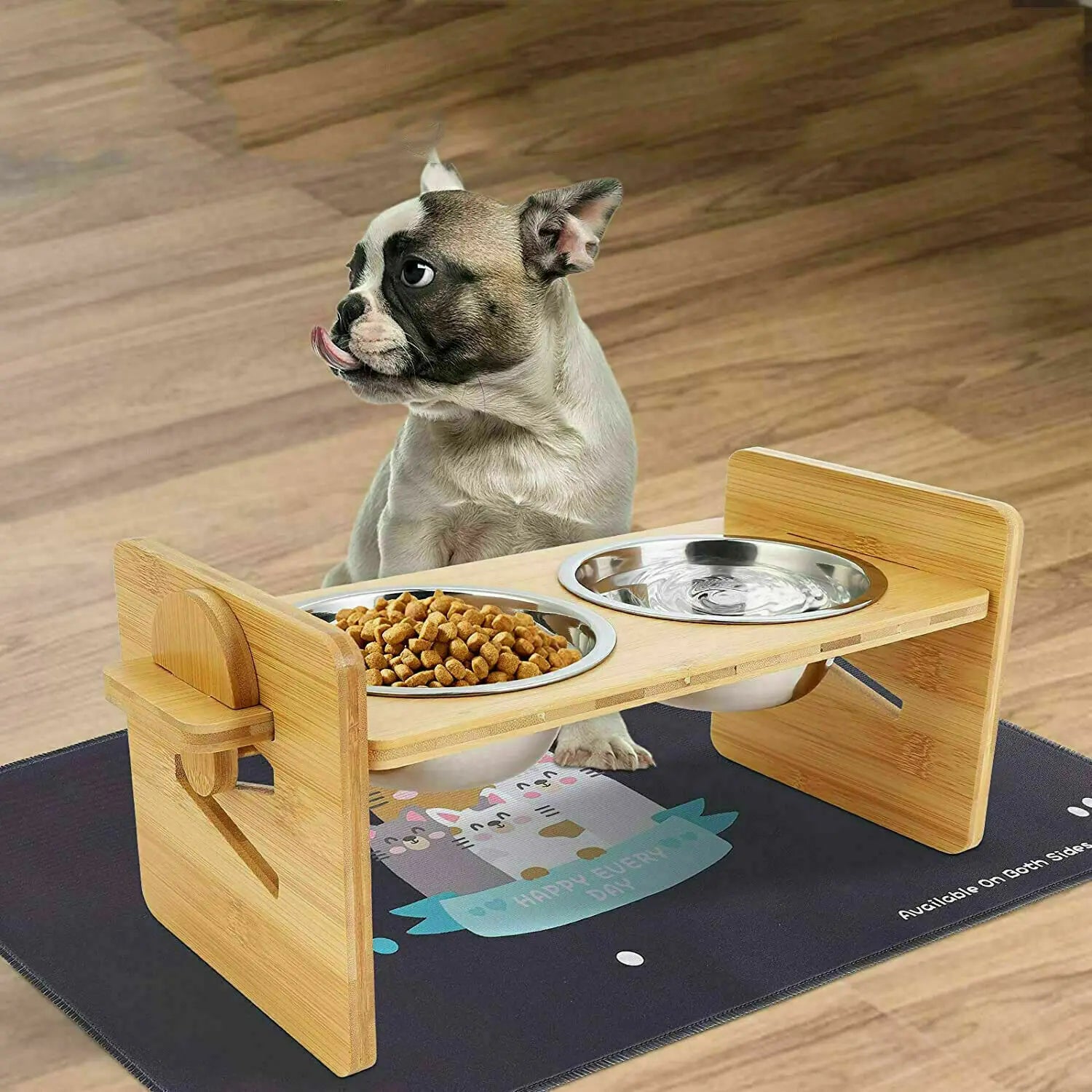 Bamboo Feeder with Stainless Bowls