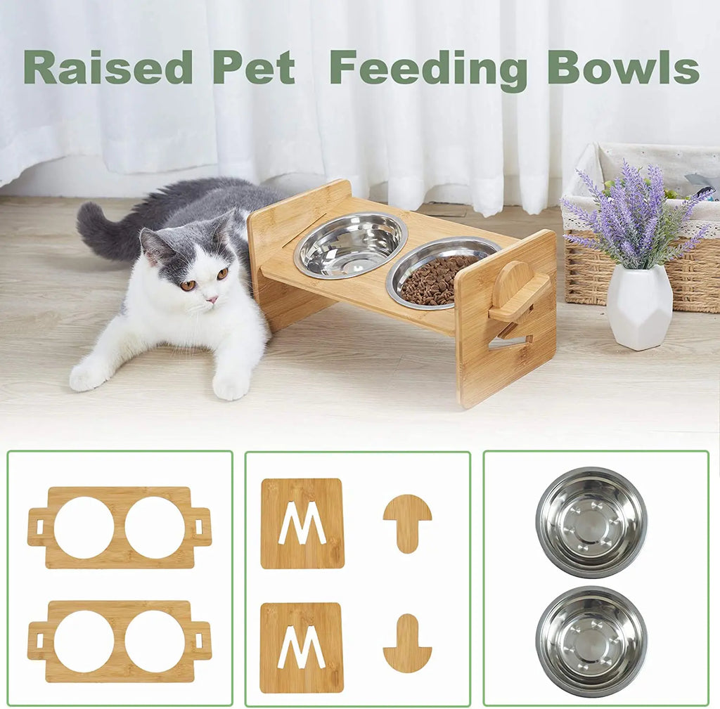 Bamboo Feeder with Stainless Bowls